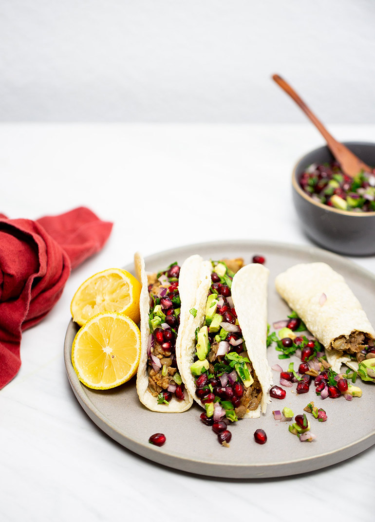 vegan tacos with pomegranate salsa