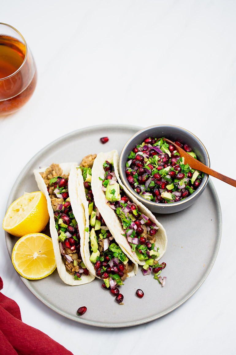 vegan tacos with pomegranate salsa